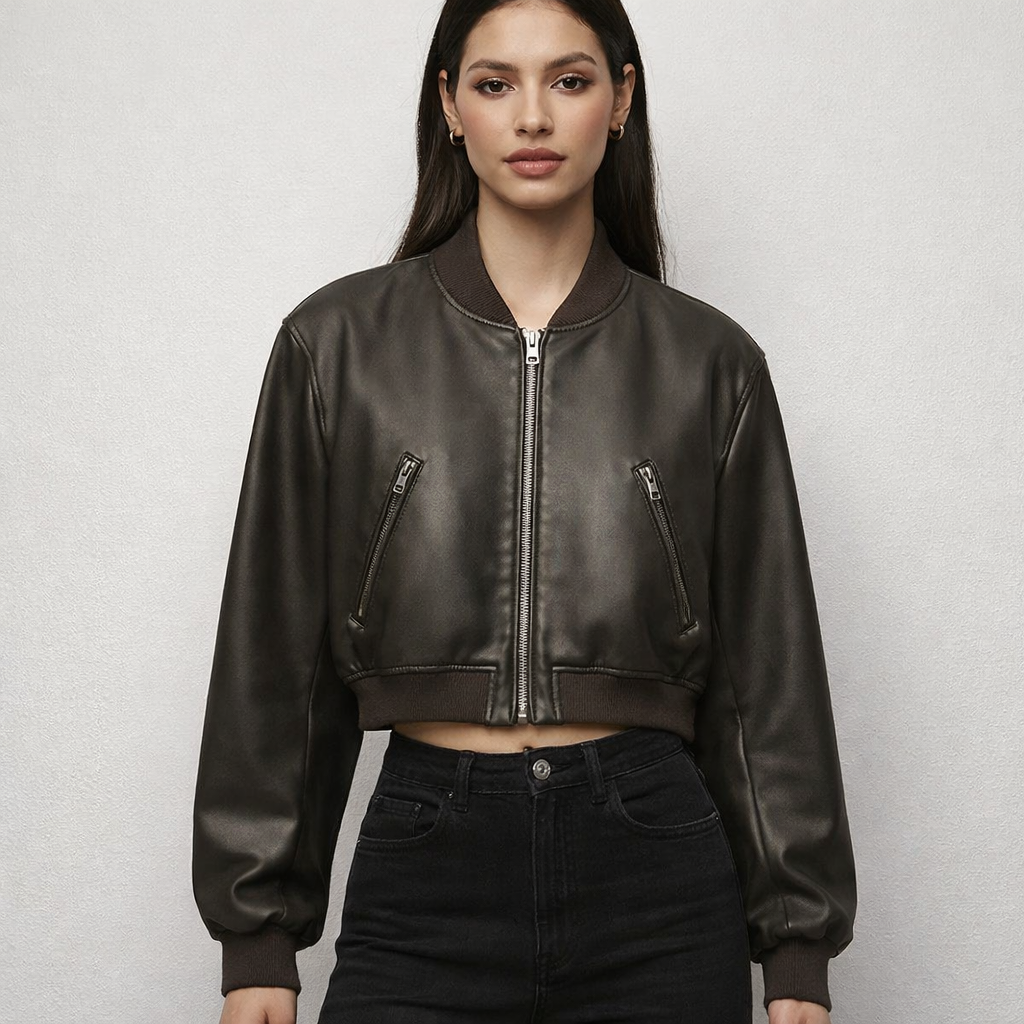 Women's Vintage Cropped Leather Bomber Jacket - Front