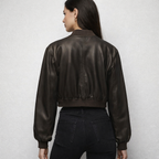 Women's Vintage Cropped Leather Bomber Jacket - Back