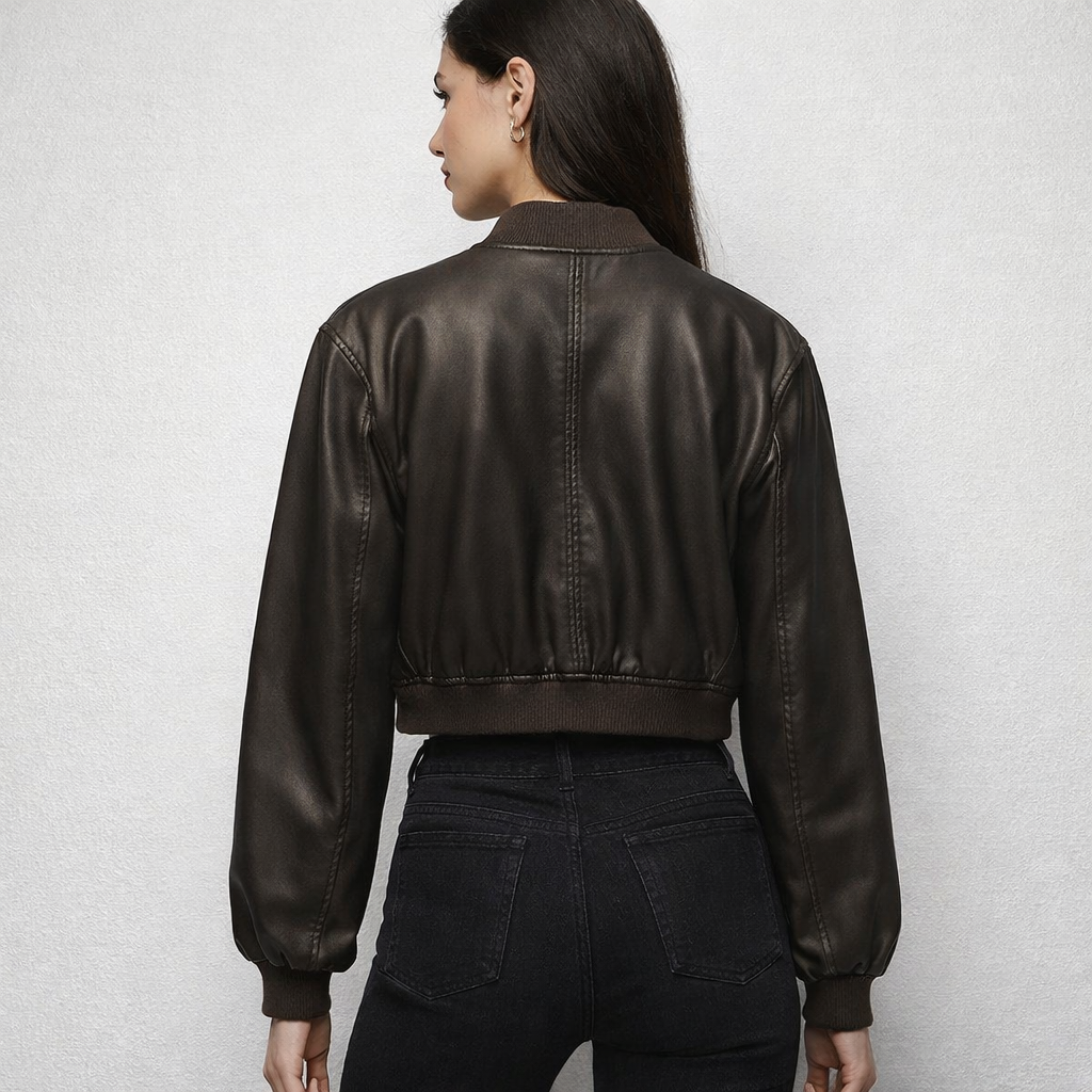 Women's Vintage Cropped Leather Bomber Jacket - Back
