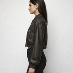 Women's Vintage Cropped Leather Bomber Jacket - Left