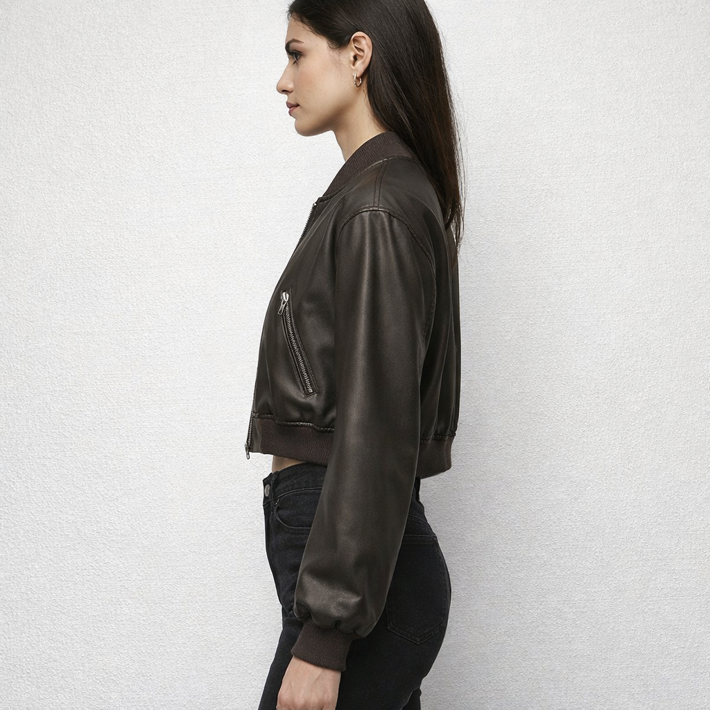 Women's Vintage Cropped Leather Bomber Jacket - Left