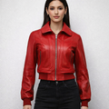 Women's Red Bomber Leather Jacket - Front