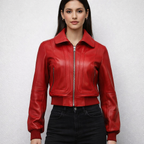 Women's Red Bomber Leather Jacket - Front
