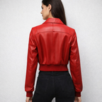 Women's Red Bomber Leather Jacket - Back