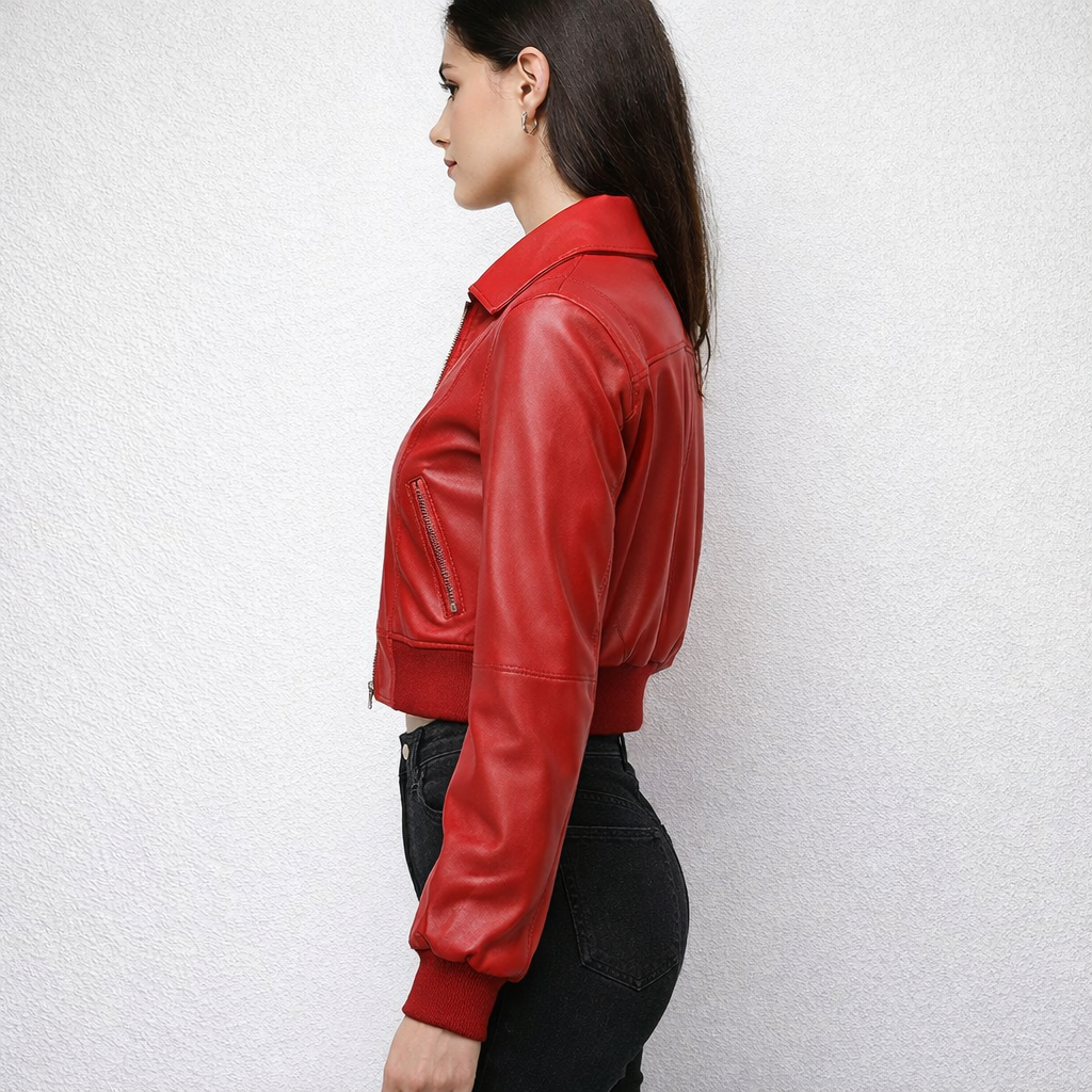 Women's Red Bomber Leather Jacket - Left