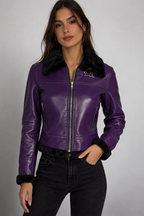 Women's Purple Shearling Leather Bomber Jacket - Front