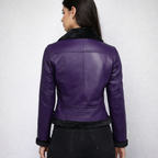 Women's Purple Shearling Leather Bomber Jacket - Back