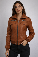 Women's Brown Bomber Jacket with Strap Pocket - Front