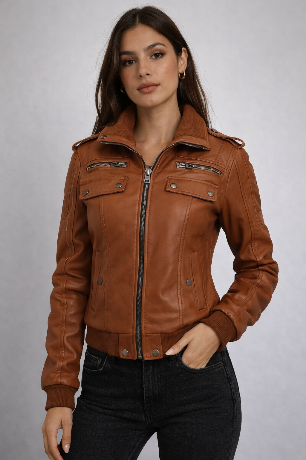 Women's Brown Bomber Jacket with Strap Pocket - Front