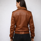 Women's Brown Bomber Jacket with Strap Pocket - Back