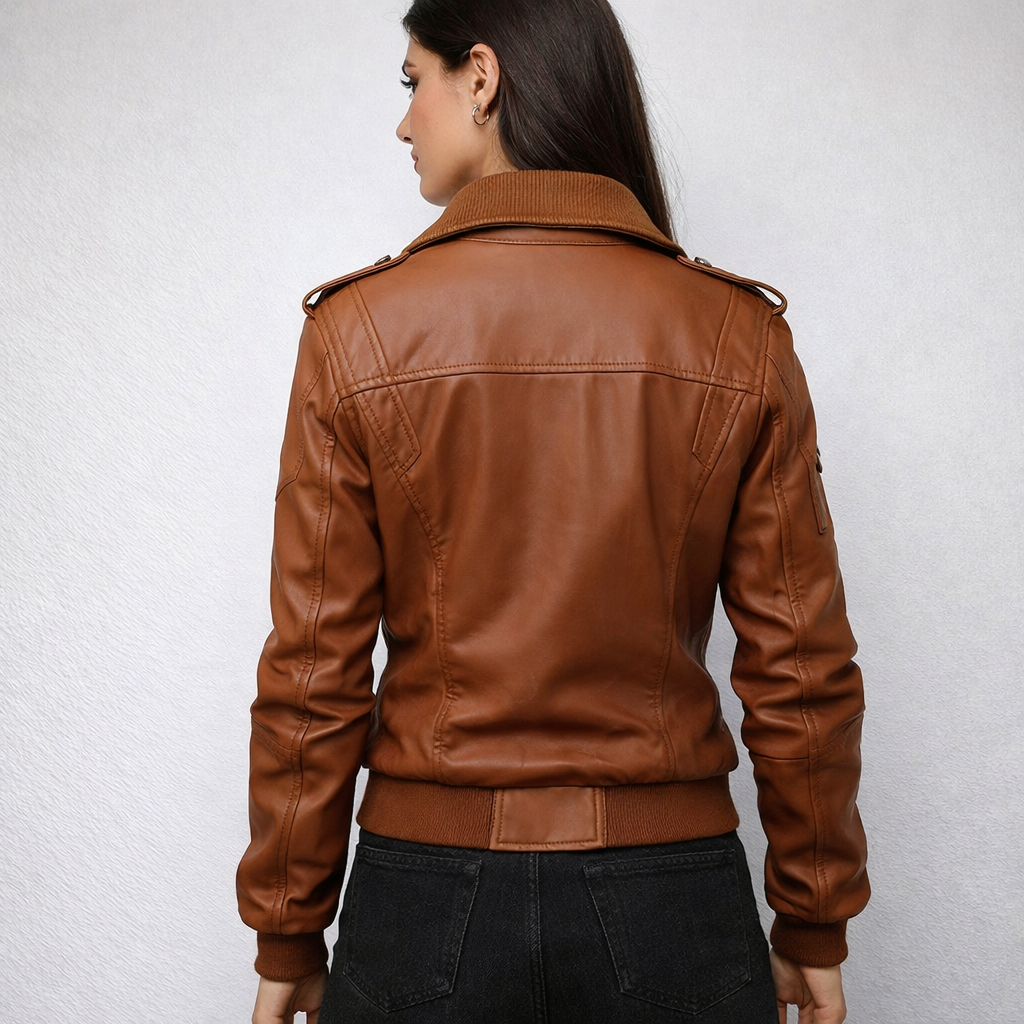 Women's Brown Bomber Jacket with Strap Pocket - Back