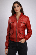 Women's Red Leather Bomber Jacket - Front