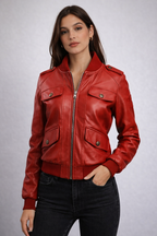 Women's Red Leather Bomber Jacket - Front