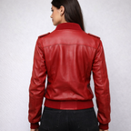 Women's Red Leather Bomber Jacket - Back