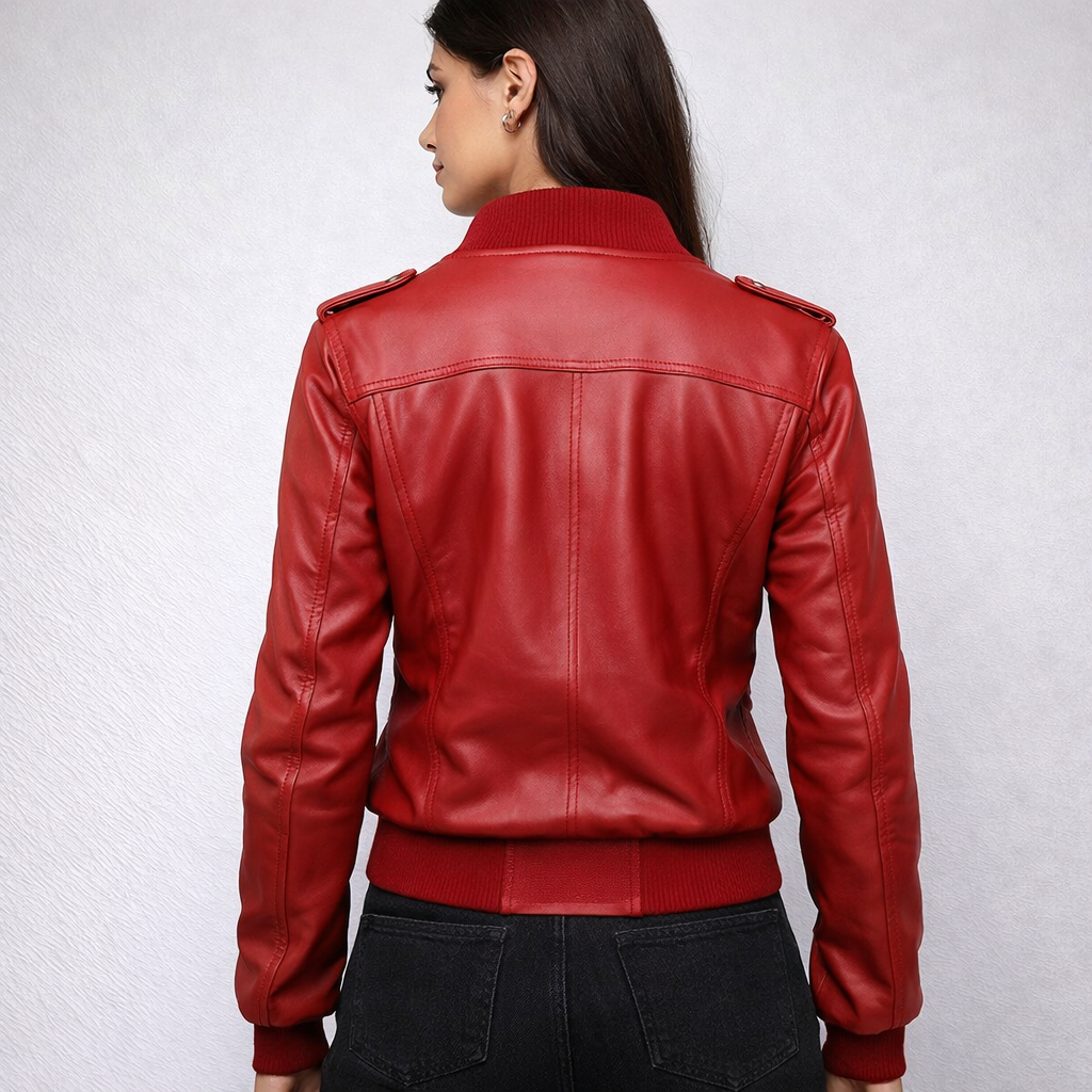 Women's Red Leather Bomber Jacket - Back