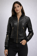 Women's Black Leather Bomber Jacket - Front