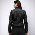 Women's Black Leather Bomber Jacket - Back