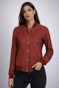 Women's Maroon Rib Knit Leather Bomber Jacket - Front