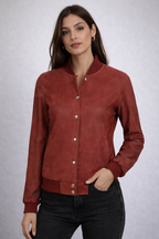 Women's Maroon Rib Knit Leather Bomber Jacket - Front