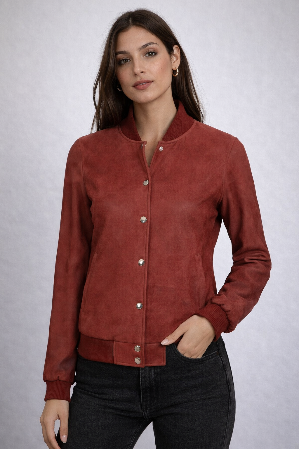 Women's Maroon Rib Knit Leather Bomber Jacket - Front