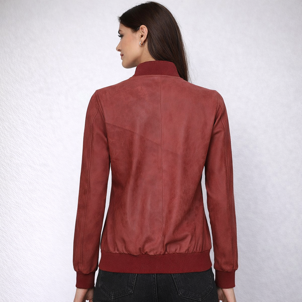 Women's Maroon Rib Knit Leather Bomber Jacket - Back