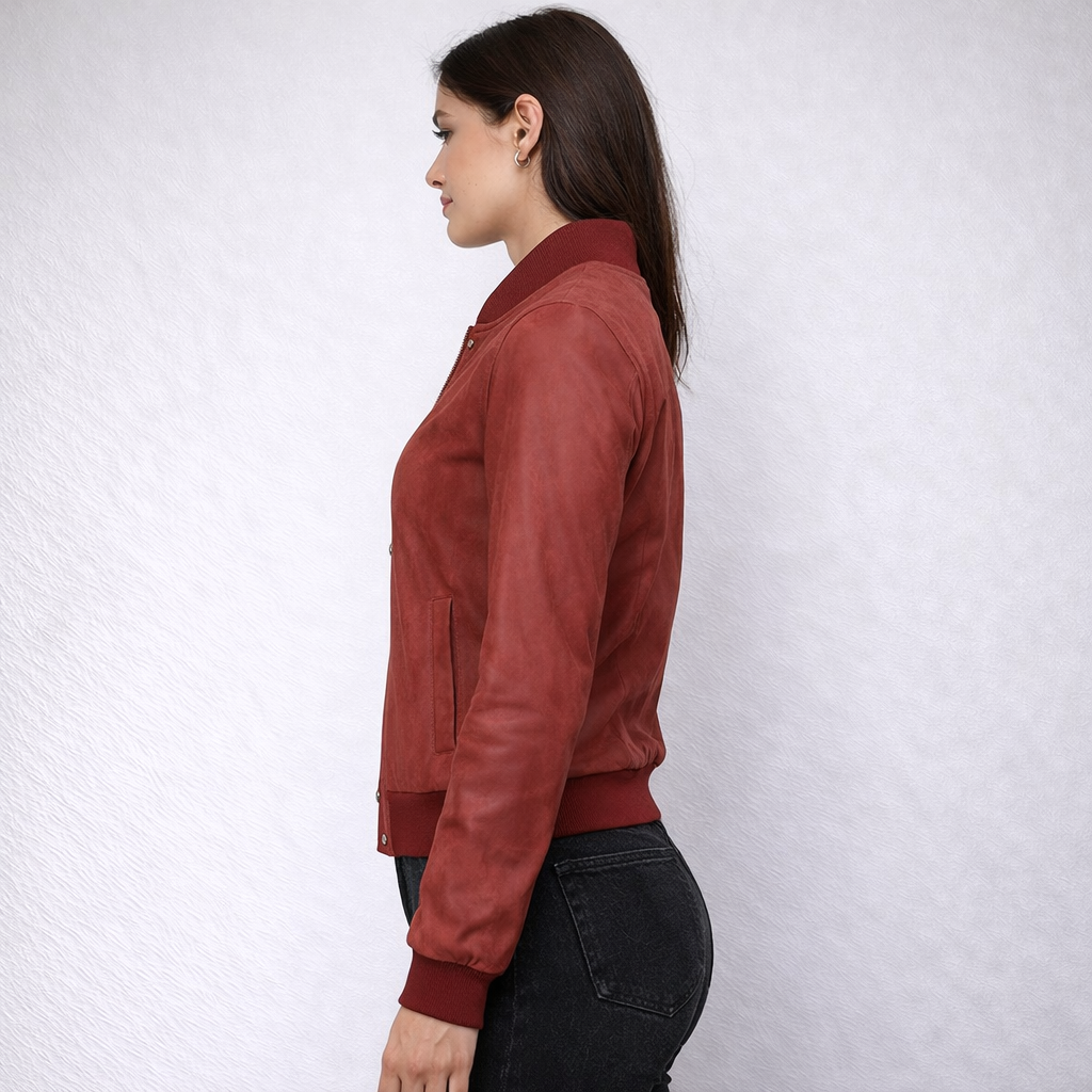 Women's Maroon Rib Knit Leather Bomber Jacket - Left