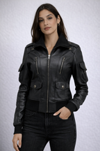 Women's Black Fitted Leather Bomber Jacket - Front