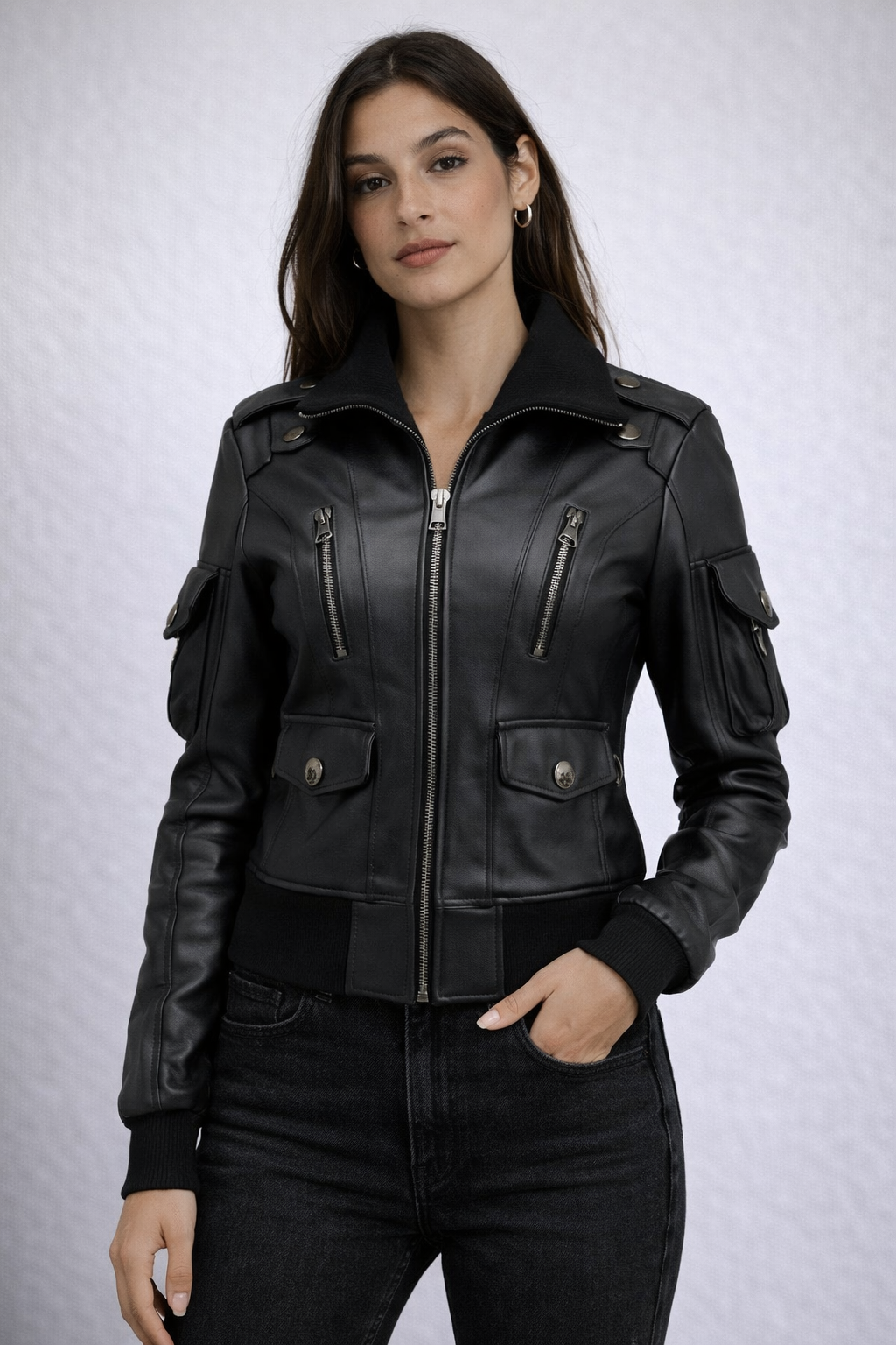Women's Black Fitted Leather Bomber Jacket - Front