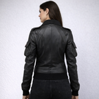 Women's Black Fitted Leather Bomber Jacket - Back