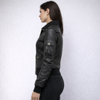 Women's Black Fitted Leather Bomber Jacket - Left