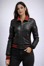 Women's Black and Red Leather Bomber Jacket - Front