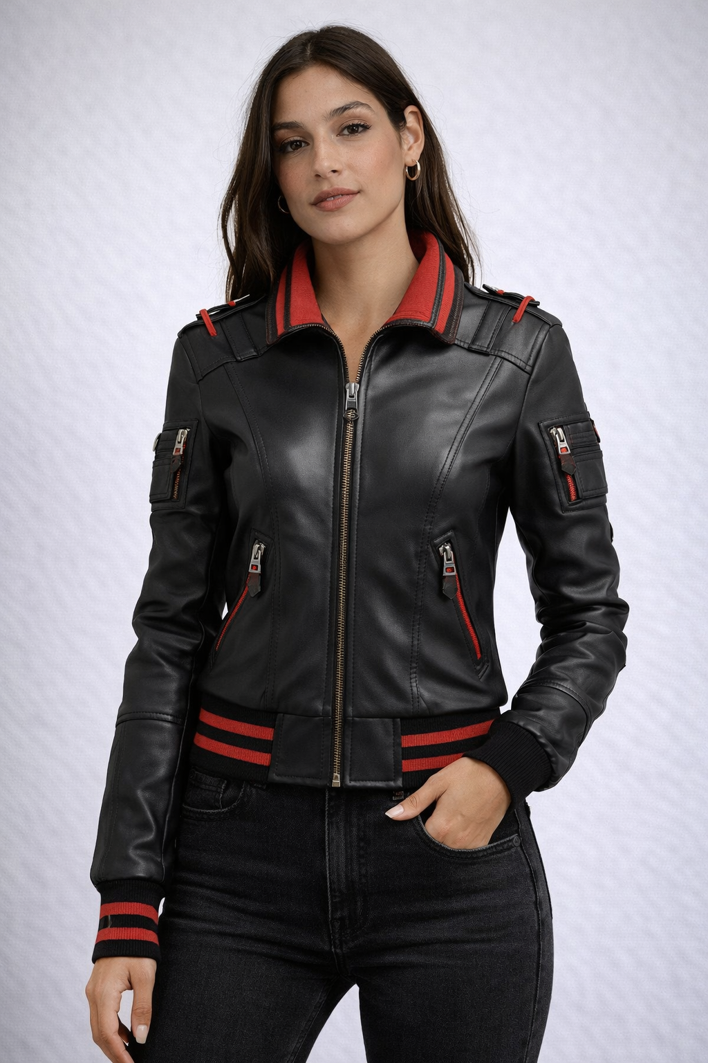 Women's Black and Red Leather Bomber Jacket - Front