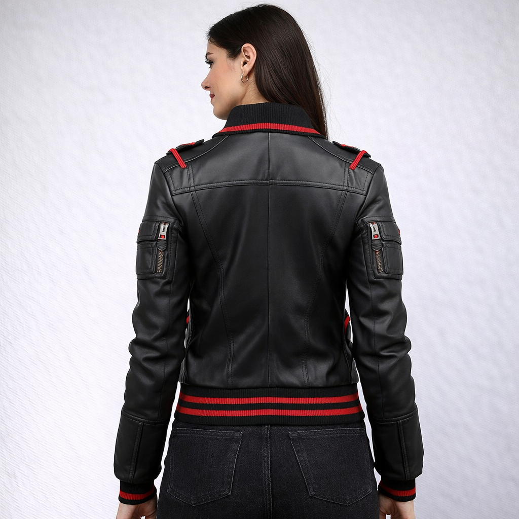 Women's Black and Red Leather Bomber Jacket - Back