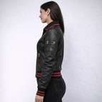 Women's Black and Red Leather Bomber Jacket - Left