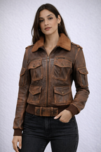 Women's Distressed Brown Leather Bomber Jacket - Front