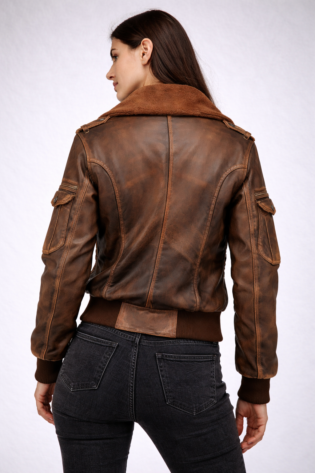 Women's Distressed Brown Leather Bomber Jacket - Back