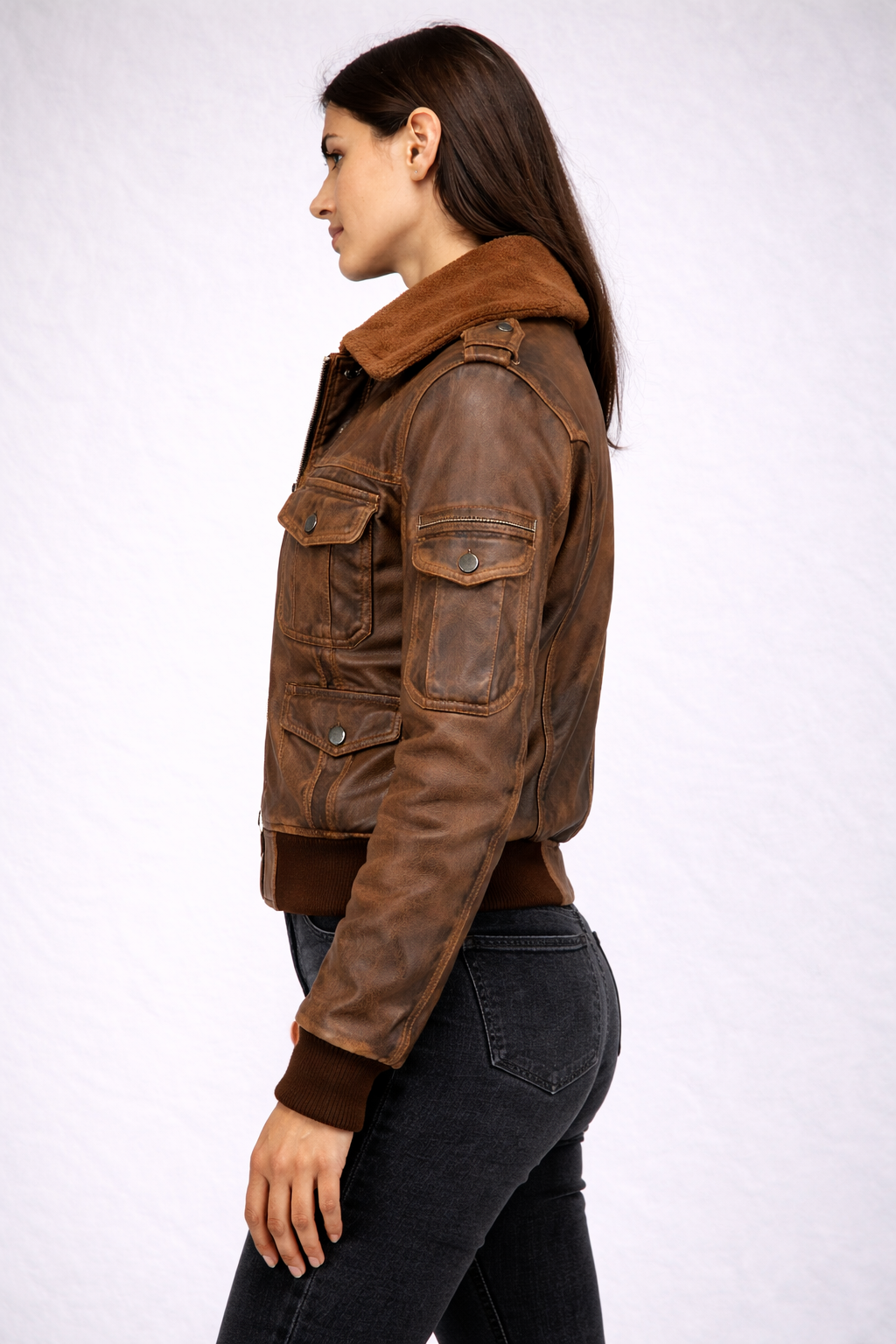 Women's Distressed Brown Leather Bomber Jacket - Left