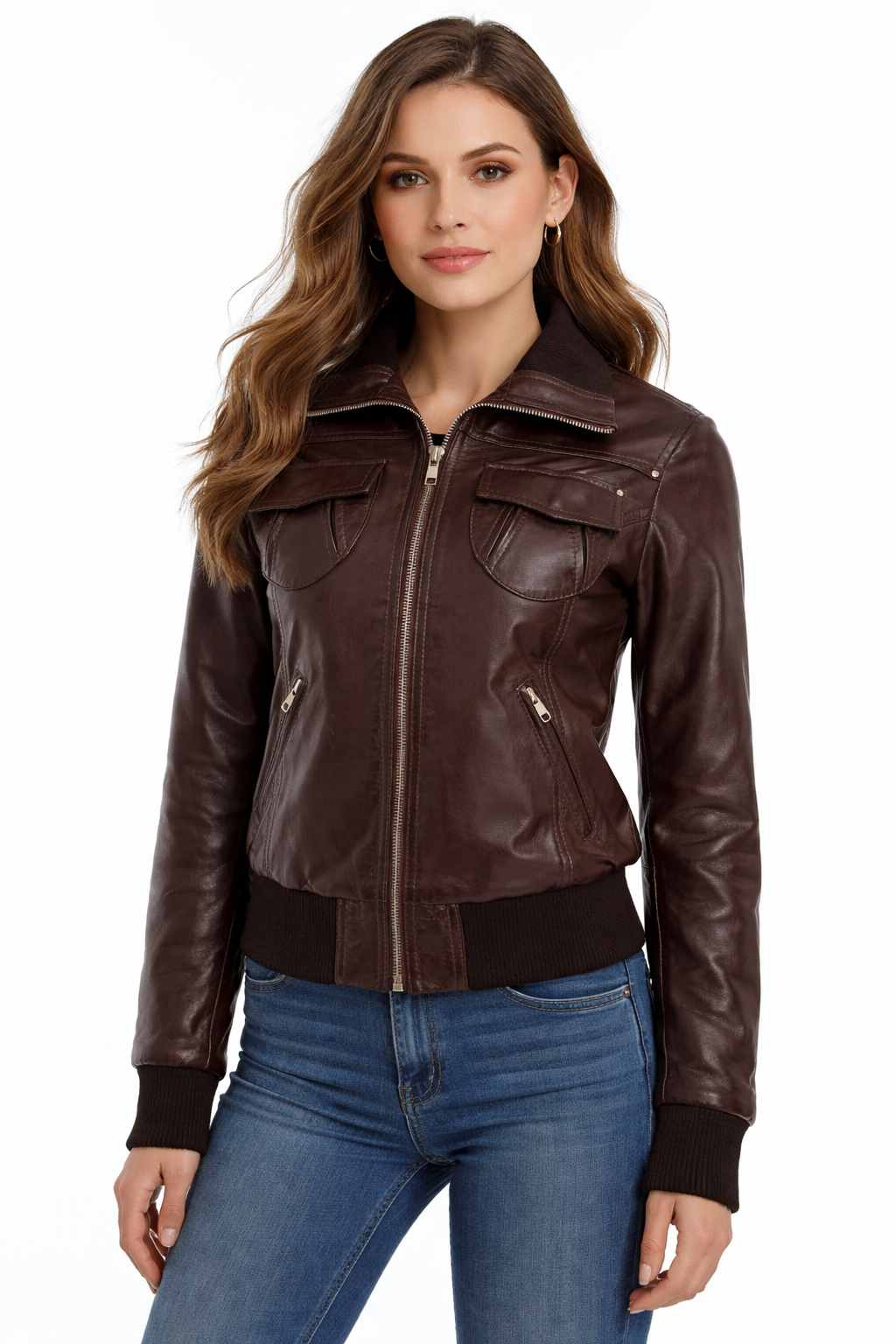 Women's Aviator Brown Bomber Leather Jacket - Front