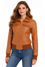 Women's Real Leather Slim Fit Blouson Tan Bomber Jacket - Front