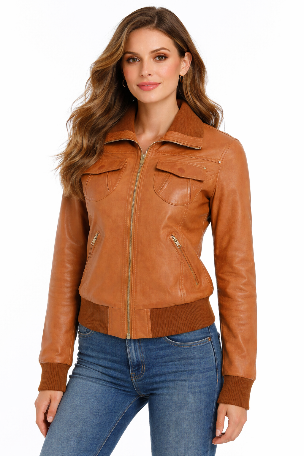 Women's Real Leather Slim Fit Blouson Tan Bomber Jacket - Front