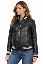 Women's Real Leather Puffer Bomber Jacket - Front