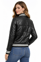 Women's Real Leather Puffer Bomber Jacket - Back