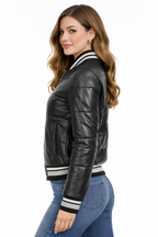 Women's Real Leather Puffer Bomber Jacket - Left