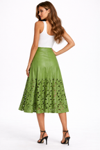 Laser Cut Tulip Hem Leather Skirt - Back
