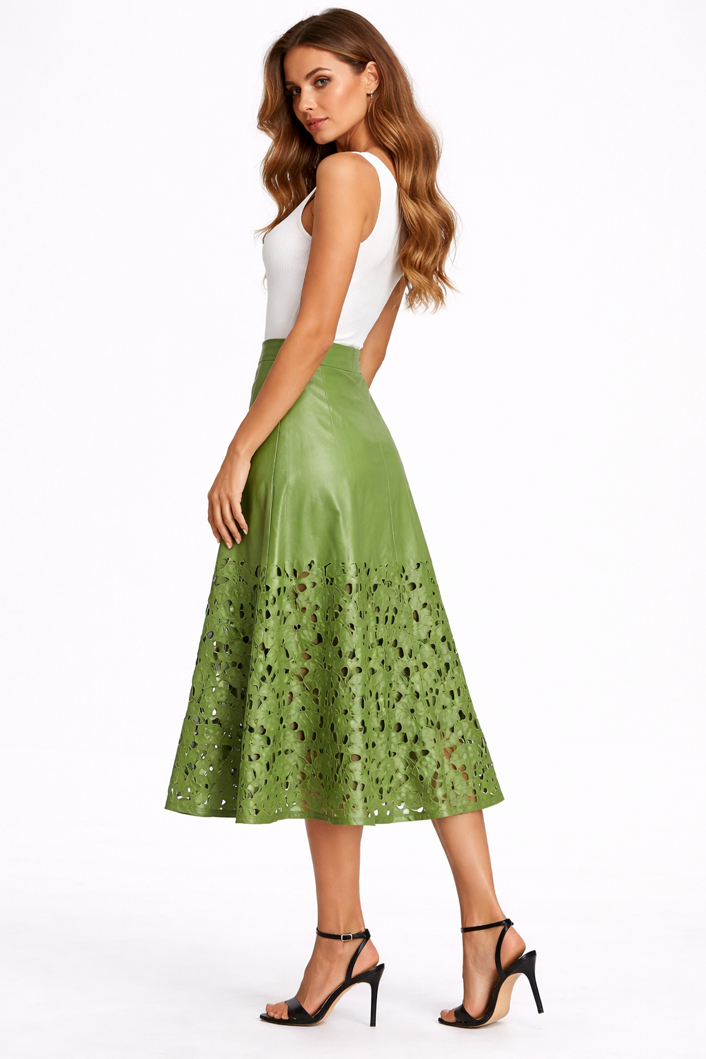 Laser Cut Tulip Hem Leather Skirt - Left