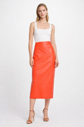 Women's Orange Leather Midi Skirt - Front