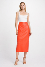 Women's Orange Leather Midi Skirt - Front