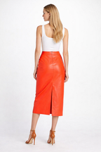 Women's Orange Leather Midi Skirt - Back