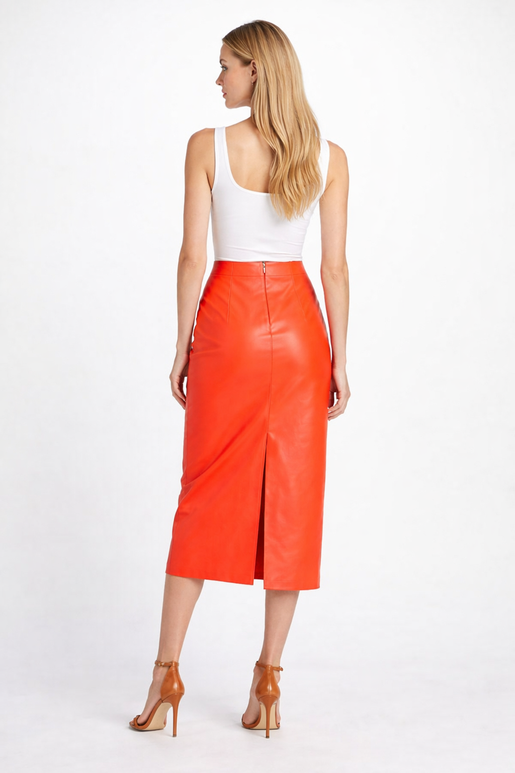 Women's Orange Leather Midi Skirt - Back