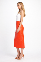 Women's Orange Leather Midi Skirt - Left